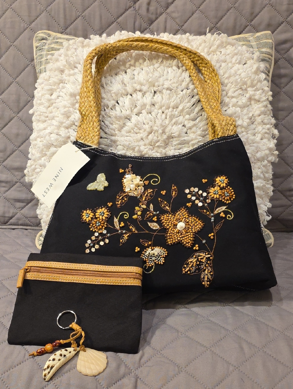 Nine West Black Cotton Canvas Handbag with Wooden Embellished Floral Design